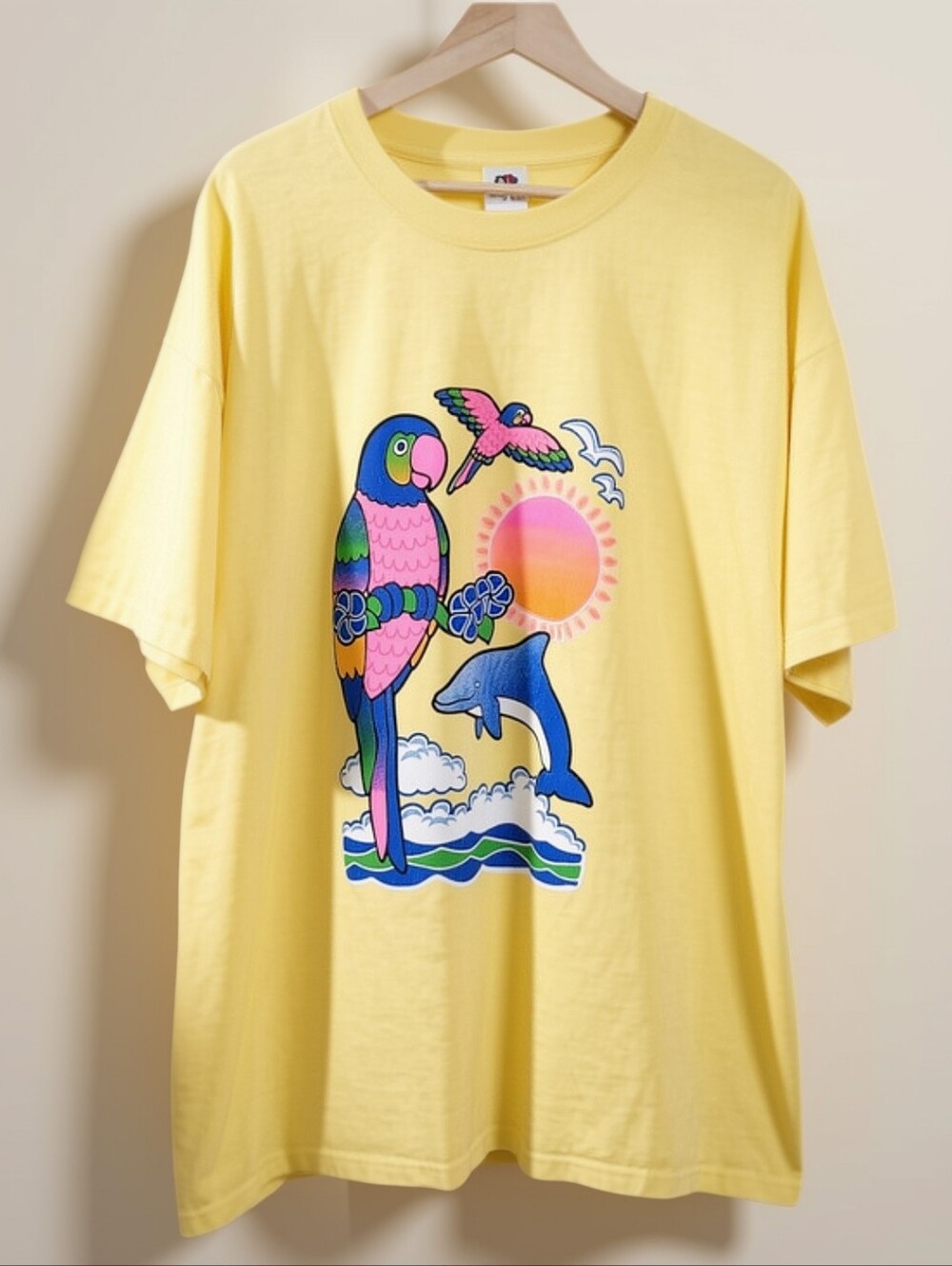 Vintage 90s Lisa Frank Aesthetic Yellow Tropical Graphic Tee Beach Sunset 2XL